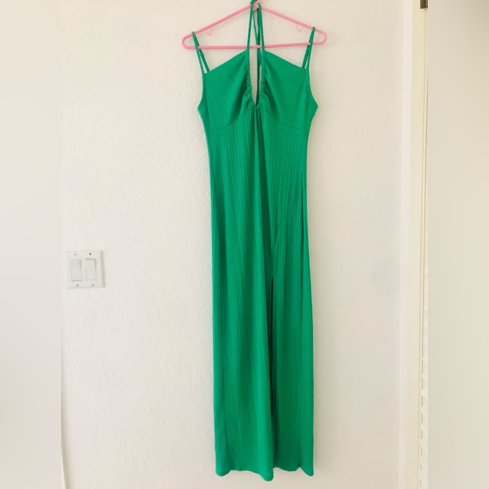 BLASHE Green spaghetti strap slit bodycon maxi dress Large EUC Ribbed Vacation
